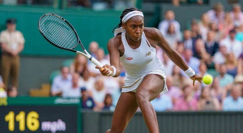 Cori Gauff hits the ball against Polona Hercog (not pictured) at Wimbledon on July 6, 2019. Cori Gauff hits the ball against Polona Hercog (not pictured) at Wimbledon on July 6, 2019.