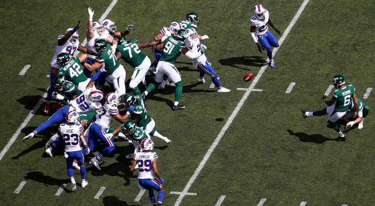 Kaare Vedvik #6 of the New York Jets misses a wild goal against the Buffalo Bills during their game at MetLife Stadium on September 8, 2019 Kaare Vedvik #6 of the New York Jets misses a wild goal against the Buffalo Bills during their game at MetLife Stadium on September 8, 2019