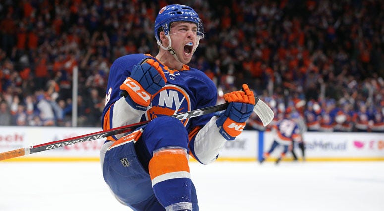 Islanders left wing Anthony Beauvillier celebrates his goal against the Pittsburgh Penguins in Game 2 on April 12, 2019, at Nassau Coliseum. Islanders left wing Anthony Beauvillier celebrates his goal against the Pittsburgh Penguins in Game 2 on April 12, 2019, at Nassau Coliseum.