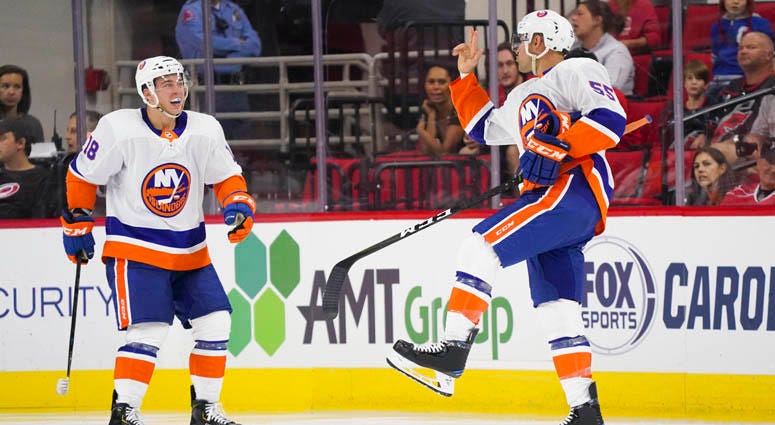 Islanders defenseman Johnny Boychuk celebrates his second-period goal against the Carolina Hurricanes in Raleigh, North Carolina. Islanders defenseman Johnny Boychuk celebrates his second-period goal against the Carolina Hurricanes in Raleigh, North Carolina.