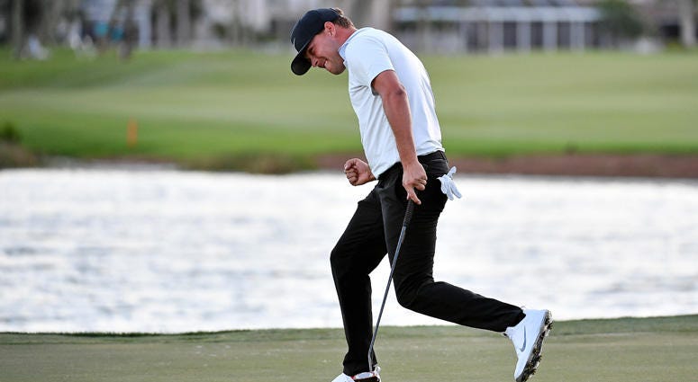 Keith Mitchell reacts after making a birdie putt on the 18th green during the final round of The Honda Classic golf tournament on March 3, 2019. Keith Mitchell reacts after making a birdie putt on the 18th green during the final round of The Honda Classic golf tournament on March 3, 2019.