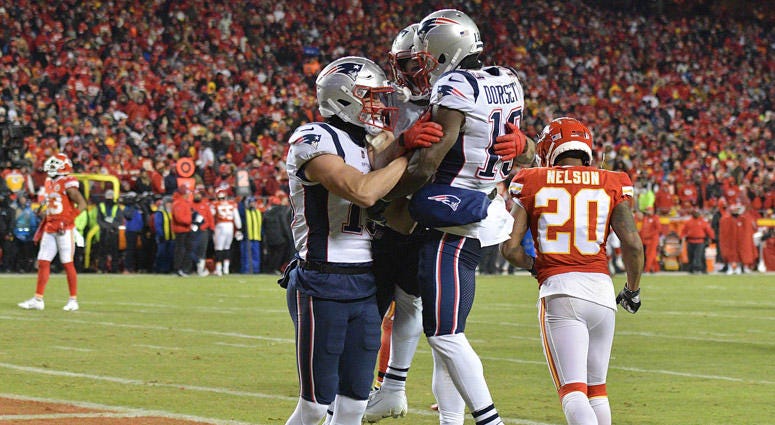 Patriots wide receiver Phillip Dorsett (13) celebrates with teammates after scoring a touchdown during the second quarter of the AFC Championship game against the Kansas City Chiefs on Jan. 20, 2019, at Arrowhead Stadium. Patriots wide receiver Phillip Dorsett (13) celebrates with teammates after scoring a touchdown during the second quarter of the AFC Championship game against the Kansas City Chiefs on Jan. 20, 2019, at Arrowhead Stadium.