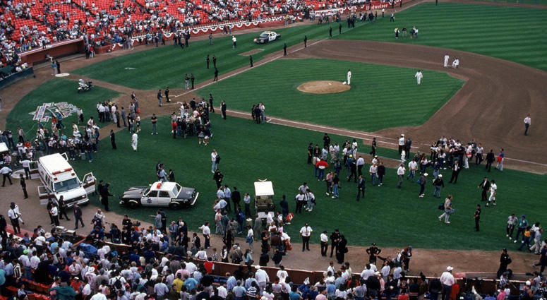 General view of the crowds in Candlestick Park after the Oct. 17, 1989, earthquake. General view of the crowds in Candlestick Park after the Oct. 17, 1989, earthquake.