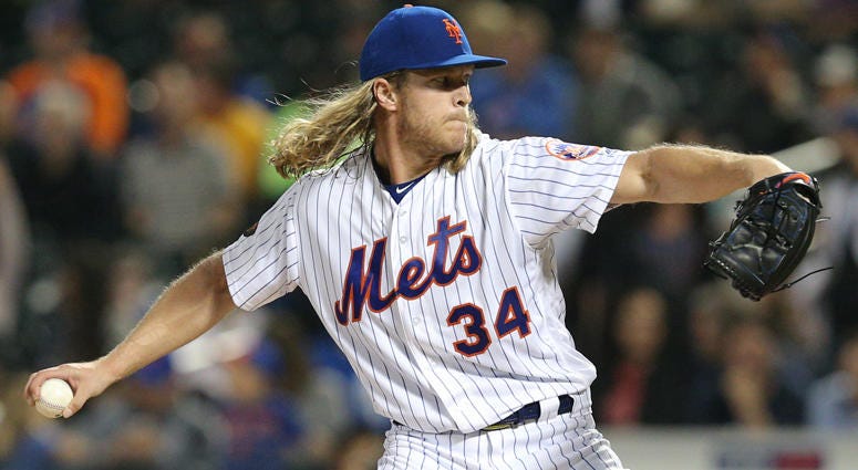 May 15, 2018; New York City, NY, USA; New York Mets starting pitcher Noah Syndergaard (34) pitches against the Toronto Blue Jays during the second inning at Citi Field. Mandatory Credit: Brad Penner-USA TODAY Sports