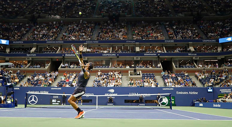 Aug 27, 2018; New York, NY, USA; Rafael Nadal of Spain serves against David Ferrer of Spain (far court) in the first round on day one of the 2018 U.S. Open tennis tournament at USTA Billie Jean King National Tennis Center. Mandatory Credit: Geoff Burke-US Aug 27, 2018; New York, NY, USA; Rafael Nadal of Spain serves against David Ferrer of Spain (far court) in the first round on day one of the 2018 U.S. Open tennis tournament at USTA Billie Jean King National Tennis Center. Mandatory Credit: Geoff Burke-US