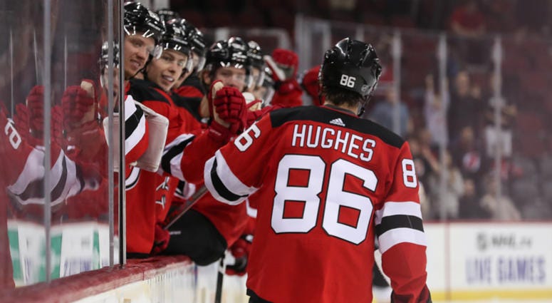New Jersey Devils center Jack Hughes (86) celebrates a goal during the second period of their game against the Boston Bruins New Jersey Devils center Jack Hughes (86) celebrates a goal during the second period of their game against the Boston Bruins