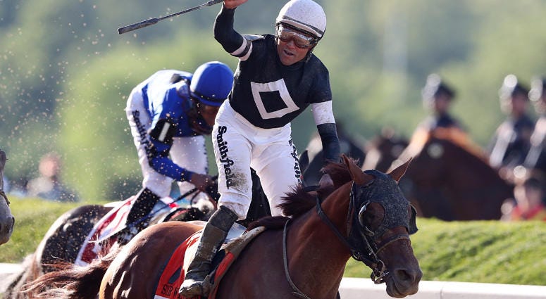 Sir Winston with Joel Rosario celebrates after winning the Belmont Stakes during the 151th running of the Belmont Stakes at Belmont Park on June 08, 2019 in Elmont, New York. Sir Winston with Joel Rosario celebrates after winning the Belmont Stakes during the 151th running of the Belmont Stakes at Belmont Park on June 08, 2019 in Elmont, New York.