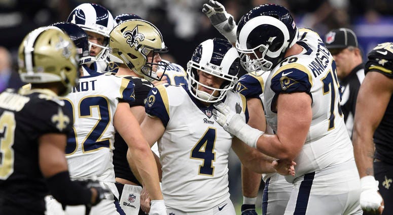 Jan 20, 2019; New Orleans, LA, USA; Los Angeles Rams kicker Greg Zuerlein (4) is congratulated by teammates. Mandatory Credit: John David Mercer-USA TODAY Sports Jan 20, 2019; New Orleans, LA, USA; Los Angeles Rams kicker Greg Zuerlein (4) is congratulated by teammates. Mandatory Credit: John David Mercer-USA TODAY Sports