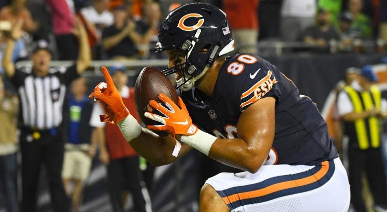 Bears tight end Trey Burton (80) reacts after scoring a touchdown against the Seattle Seahawks on Sept. 17, 2018, at Soldier Field in Chicago. Bears tight end Trey Burton (80) reacts after scoring a touchdown against the Seattle Seahawks on Sept. 17, 2018, at Soldier Field in Chicago.
