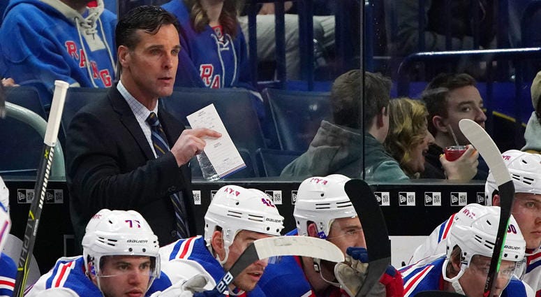 Rangers coach David Quinn stands behind the bench during a game against the Sabres on Feb. 15, 2019, at KeyBank Center in Buffalo. Rangers coach David Quinn stands behind the bench during a game against the Sabres on Feb. 15, 2019, at KeyBank Center in Buffalo.
