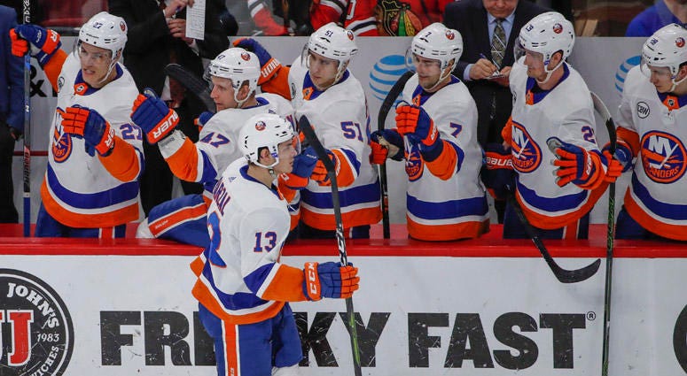 Islanders center Mathew Barzal (13) celebrates with teammates after scoring against the Blackhawks on Jan. 22, 2019, at United Center in Chicago. Islanders center Mathew Barzal (13) celebrates with teammates after scoring against the Blackhawks on Jan. 22, 2019, at United Center in Chicago.