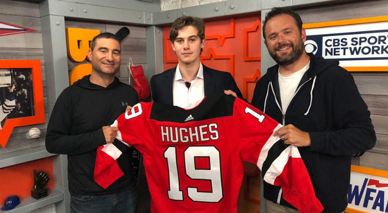 Gregg Giannotti and Jerry Recco pose with Jack Hughes of the New Jersey Devils on June 24, 2019. Gregg Giannotti and Jerry Recco pose with Jack Hughes of the New Jersey Devils on June 24, 2019.