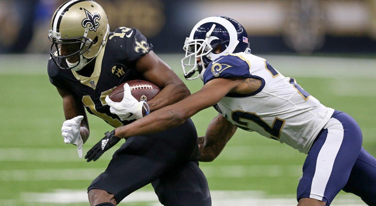 Saints wide receiver Michael Thomas is defended by Rams cornerback Marcus Peters after a catch in the third quarter at the Mercedes-Benz Superdome in New Orleans on Nov. 4, 2018. Saints wide receiver Michael Thomas is defended by Rams cornerback Marcus Peters after a catch in the third quarter at the Mercedes-Benz Superdome in New Orleans on Nov. 4, 2018.