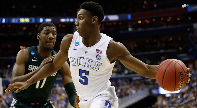 Duke forward RJ Barrett drives to the basket against Michigan State in the East regional final of the NCAA tournament on March 31, 2019, at Capital One Arena in Washington, D.C. Duke forward RJ Barrett drives to the basket against Michigan State in the East regional final of the NCAA tournament on March 31, 2019, at Capital One Arena in Washington, D.C.