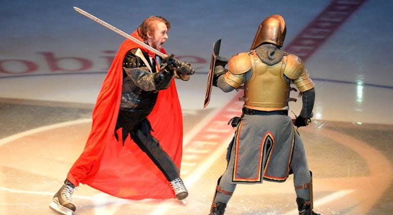 The Vegas Golden Knights' mascot duels the Washington Capitals' mascot before Game 1 of the 2018 Stanley Cup Final on May 28, 2018, at T-Mobile Arena in Las Vegas. The Vegas Golden Knights' mascot duels the Washington Capitals' mascot before Game 1 of the 2018 Stanley Cup Final on May 28, 2018, at T-Mobile Arena in Las Vegas.