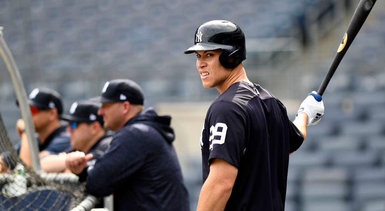 Aaron Judge is seen during workouts on Oct. 2, 2018, one day before the 2018 American League wild-card game at Yankee Stadium. Aaron Judge is seen during workouts on Oct. 2, 2018, one day before the 2018 American League wild-card game at Yankee Stadium.