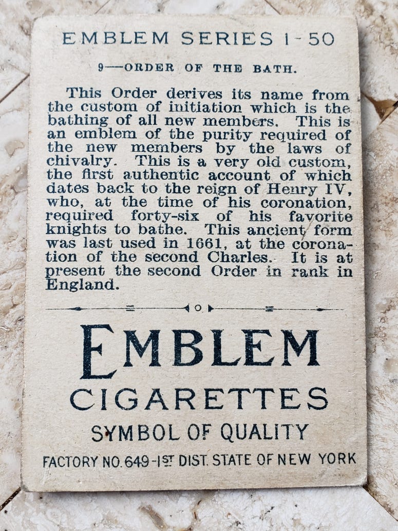 Card of the Day for May 12: 1911 American Tobacco T56 Order of the Bath (back) Card of the Day for May 12: 1911 American Tobacco T56 Order of the Bath (back)