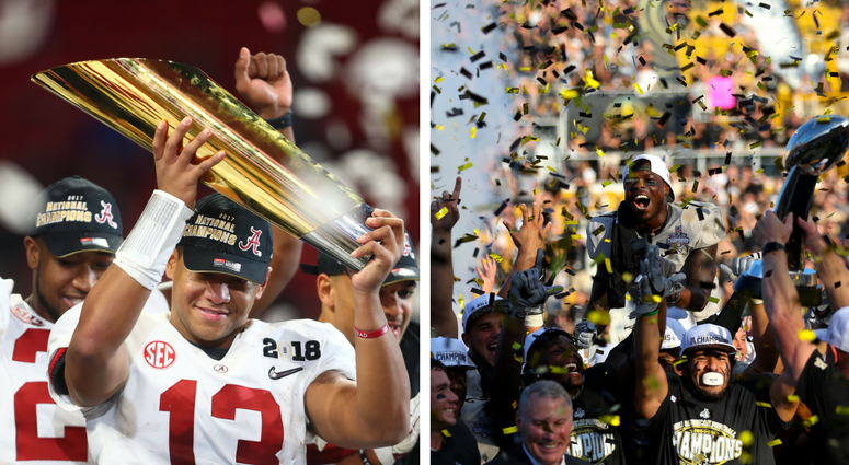 Alabama Crimson Tide quarterback Tua Tagovailoa (13) celebrates 2018 CFP national championship / UCF Knights wide receiver Emmanuel Logan-Greene (7) celebrates after defeating the Memphis Tigers. Alabama Crimson Tide quarterback Tua Tagovailoa (13) celebrates 2018 CFP national championship / UCF Knights wide receiver Emmanuel Logan-Greene (7) celebrates after defeating the Memphis Tigers.