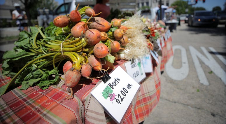 : Beets are for sale at a drive through farmer's market on April 25, 2020 in Baton Rouge, Louisiana.