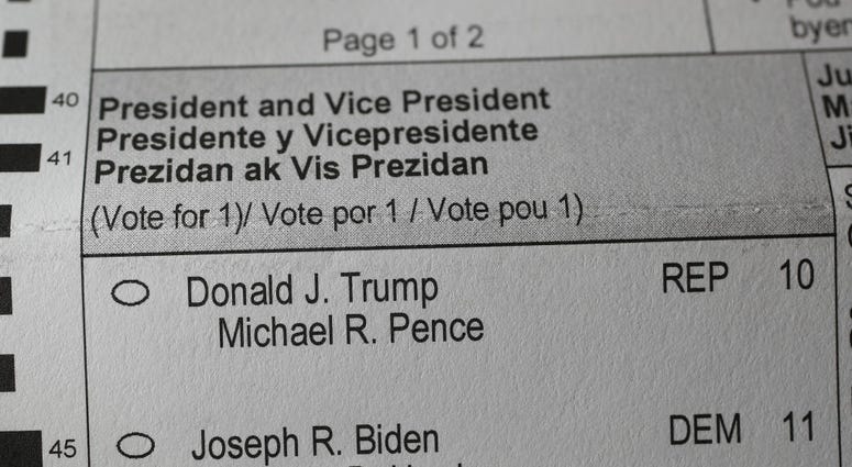 MIAMI, FLORIDA - OCTOBER 08: In this photo illustration, an official Miami-Dade County Elections Department vote-by-mail 2020 presidential election ballot is seen featuring the Republican and Democratic candidates on October 08, 2020 in Miami, Florida.
