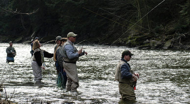Anglers line up in a section of the Neshannock Creek April 17, 2004 near Volant, Pennsylvania. Anglers line up in a section of the Neshannock Creek April 17, 2004 near Volant, Pennsylvania.
