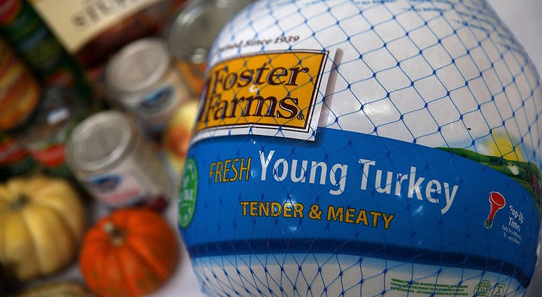 A donated Foster Farms turkey is displayed on a table at the SF-Marin Food Bank on November 13, 2015 in San Francisco, California.