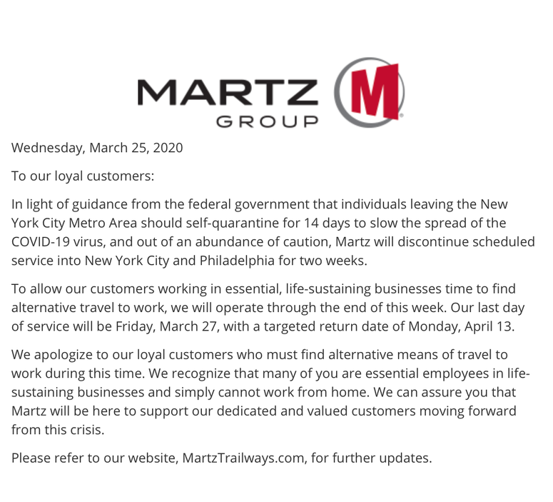 Martz Trailways announces suspension of service