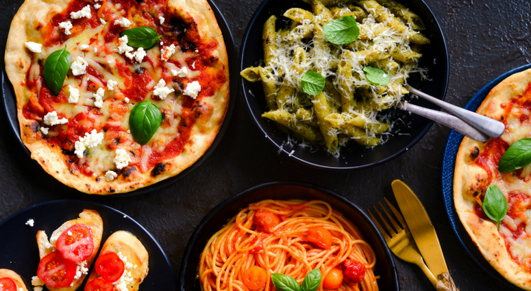 Italian vegetarian platter-pasta,bruschetta and pizza Italian vegetarian platter-pasta,bruschetta and pizza