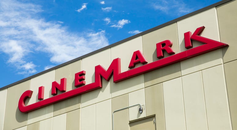 logo sign outside of a Cinemark movie theater location in Chesapeake, Virginia on May 2, 2020.