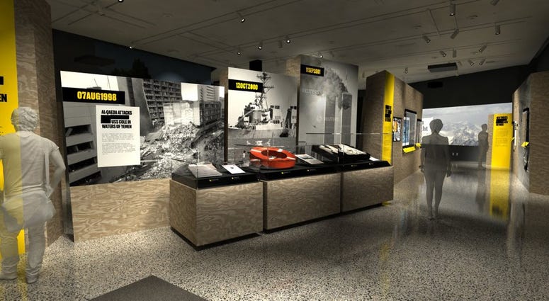 In this artist's rendering provided by C&G Partners, the exhibit "Revealed: The Hunt for Bin Laden," is shown at the National September 11 Museum in New York. In this artist's rendering provided by C&G Partners, the exhibit "Revealed: The Hunt for Bin Laden," is shown at the National September 11 Museum in New York.
