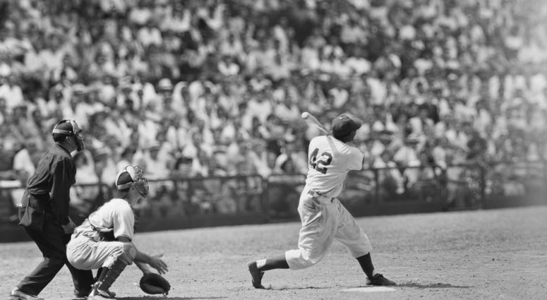 Jackie Robinson at bat in 1949