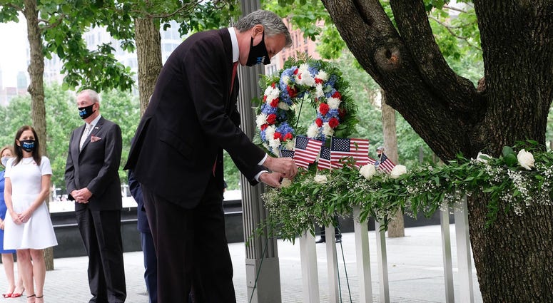 Mayor de Blasio at the memorial on Saturday. de Blasio 9/11 Memorial