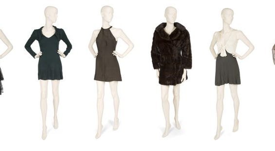 This combination photo shows various outfits owned by the late actress Sharon Tate which will be auctioned November 17 in Los Angeles and online by Julien’s Auctions