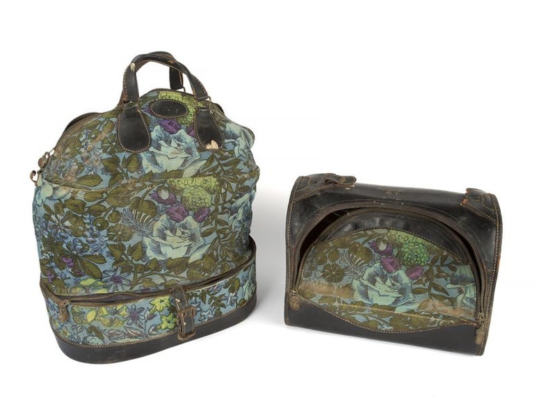 This combination photo shows two floral canvas and leather bags owned by the late actress Sharon Tate which will be auctioned November 17 in Los Angeles and online by Julien’s Auctions