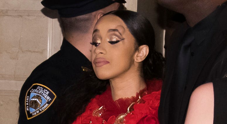 Cardi B, with a bump on her forehead, leaves after an altercation at the Harper's BAZAAR "ICONS by Carine Roitfeld" party at The Plaza on Friday, Sept. 7, 2018, New York. Cardi B