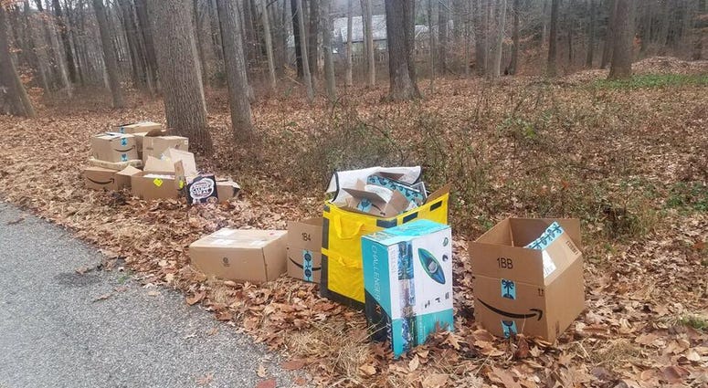 Amazon packages found dumped on the side of the road in Harding, N.J. Amazon packages found dumped on the side of the road in Harding, N.J.