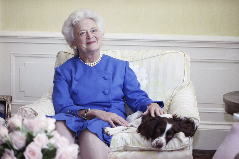 In this 1990 file photo, first lady Barbara Bush poses with her dog Millie in Washington. A family spokesman said Tuesday, April 17, 2018, that former first lady Barbara Bush has died at the age of 92. In this 1990 file photo, first lady Barbara Bush poses with her dog Millie in Washington. A family spokesman said Tuesday, April 17, 2018, that former first lady Barbara Bush has died at the age of 92.