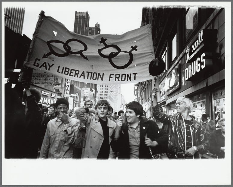 Photo by Diana Davies, Gay Liberation Front marches on Times Square, New York, 1970/New York Public Library, Manuscripts and Archives Division