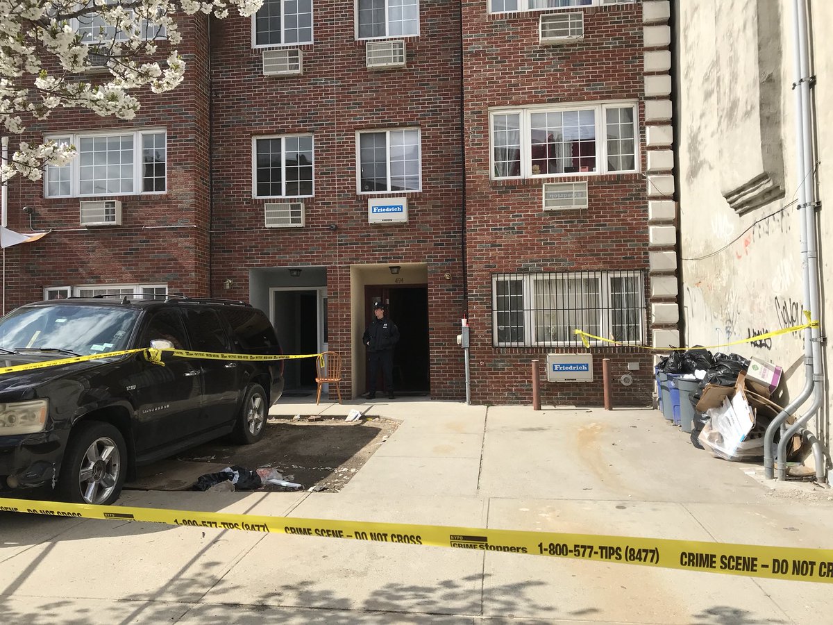 NYPD on the scene where a former MTA worker was found stabbed to death in the torso, with a knife nearby. NYPD on the scene where a former MTA worker was found stabbed to death in the torso, with a knife nearby.