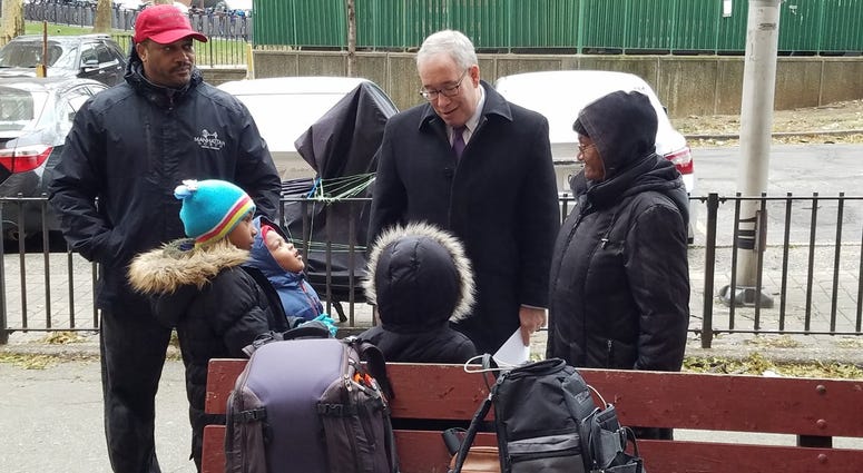 Scott Stringer at a news conference at the Grant Houses in Morningside Heights on Saturday. Scott Stringer NYCHA presser