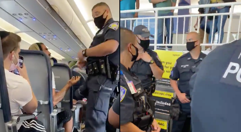 Video shows the man talking with an officer. Face covering flight