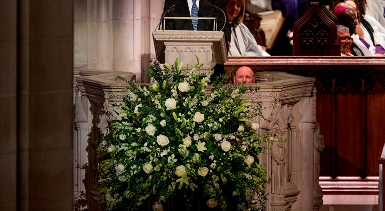 - Former President George Bush becomes emotional while speaking during the State Funeral of his father, former President George H.W. Bush, at the National Cathedral, Wednesday, Dec. 5, 2018, in Washington. George H.W. Bush