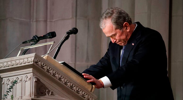 Former President George W. Bush speaks at the State Funeral for his father, former President George H.W. Bush, at the National Cathedral, Wednesday, Dec. 5, 2018, in Washington. George H.W. Bush