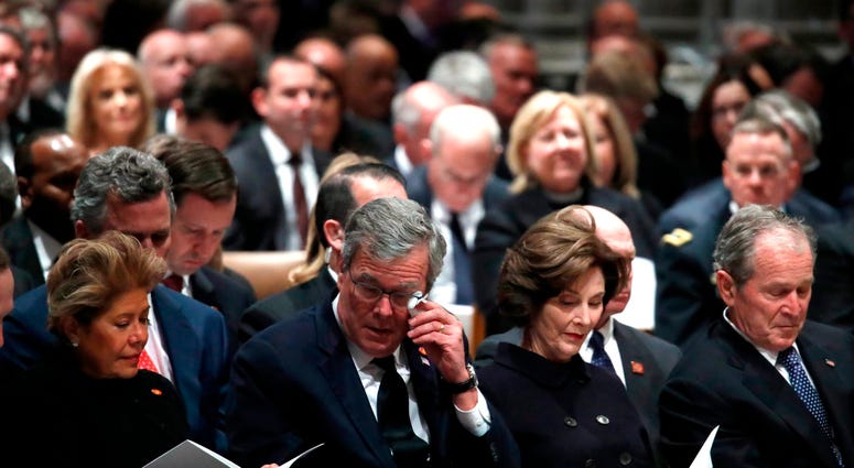 Columba Bush, former Florida Gov. Jeb Bush, former first lady Laura Bush and former President George W. Bush attend the state funeral for former U.S. President George H. W. Bush at the Washington National Cathedral on December 5, 2018 in Washington, DC. George H.W. Bush