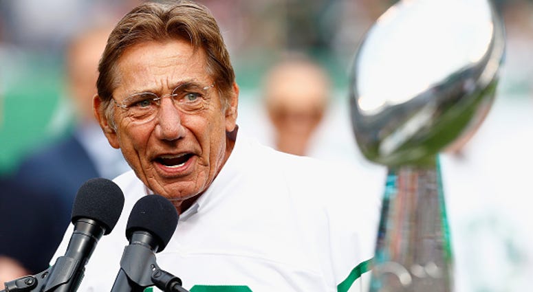 Joe Namath speaks during a Super Bowl III 50th Anniversary celebration during halftime of the game between the New York Jets and the Indianapolis Colts at MetLife Stadium on October 14, 2018 in East Rutherford, New Jersey. Joe Namath speaks during a Super Bowl III 50th Anniversary celebration during halftime of the game between the New York Jets and the Indianapolis Colts at MetLife Stadium on October 14, 2018 in East Rutherford, New Jersey.