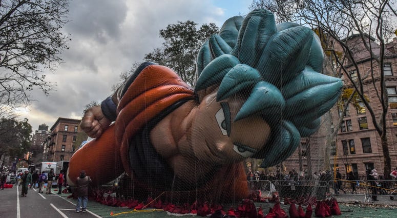 The Goku balloon lies face down after being inflated by the Macy's inflation team ahead of the Macy's Thanksgiving Day Parade on November 21, 2018 in New York City. Thanksgiving Day Parade 2018