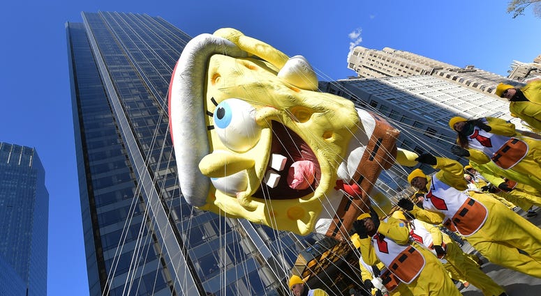 The SpongeBob SquarePants balloon floats along the parade route during the 2018 Macy's Thanksgiving Day Parade on November 22, 2018 in New York City. Thanksgiving Day Parade 2018