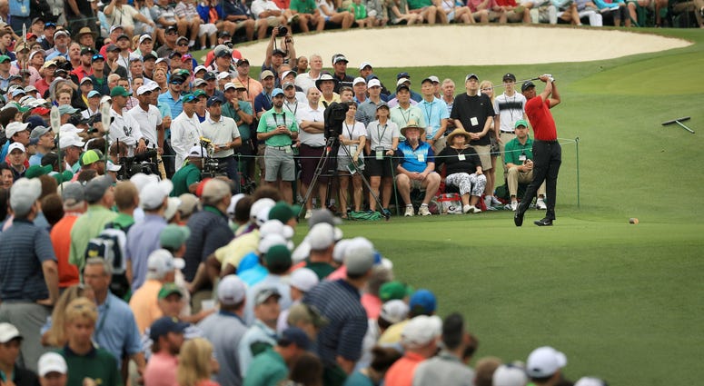 Tiger Woods of the United States plays his shot from the third tee during the final round of the Masters at Augusta National Golf Club on April 14, 2019 in Augusta, Georgia. Masters golf