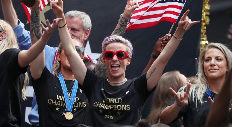 Megan Rapinoe celebrates during the U.S. Women's National Soccer Team Victory Parade and City Hall Ceremony on July 10, 2019 in New York City Megan Rapinoe celebrates during the U.S. Women's National Soccer Team Victory Parade and City Hall Ceremony on July 10, 2019 in New York City