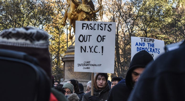 Protesters from various anti-fascist groups rally against the Proud Boys on November 16, 2019 in New York City. Antifa Proud Boys Trump Tower